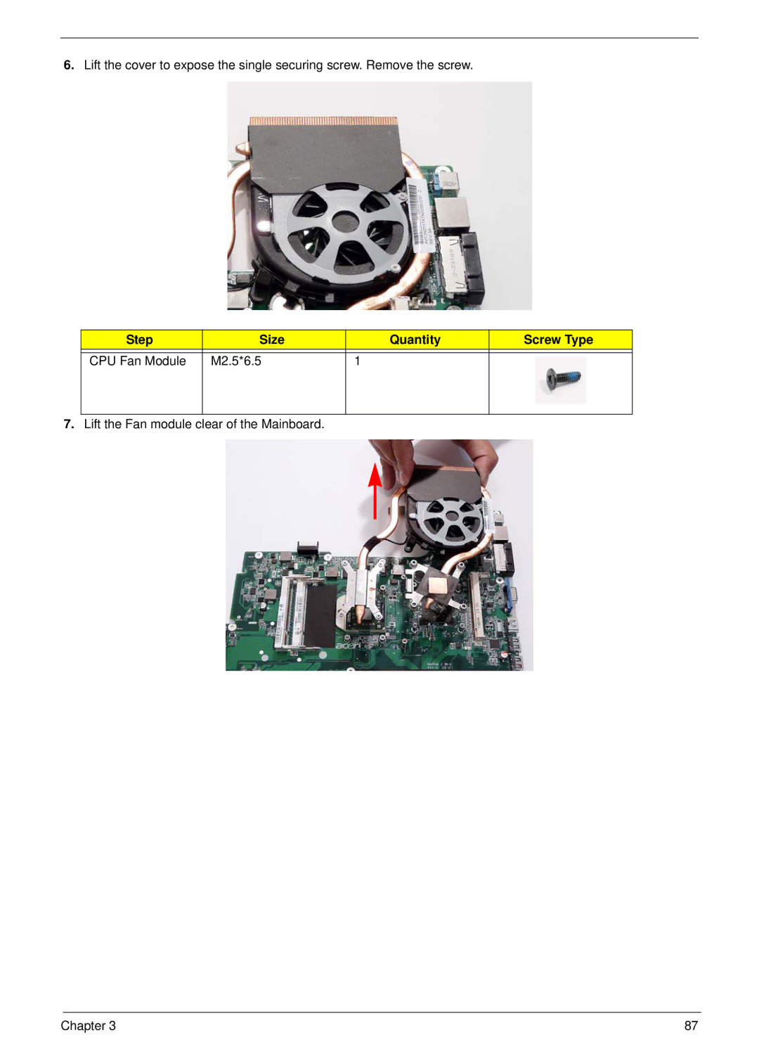 Acer 7530G manual Lift the Fan module clear of the Mainboard Chapter 