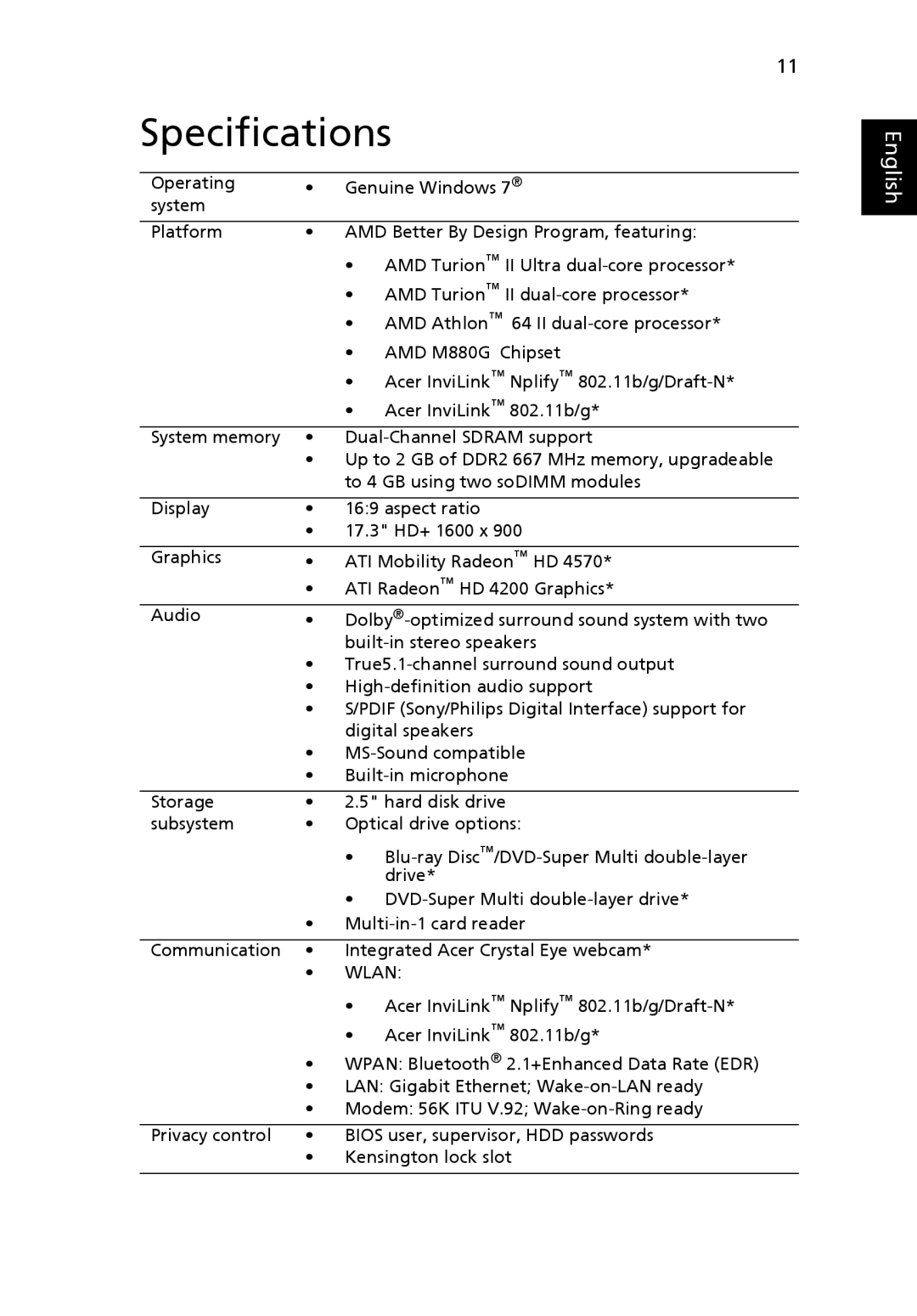 Acer 7540 Series manual Specifications, Wlan 