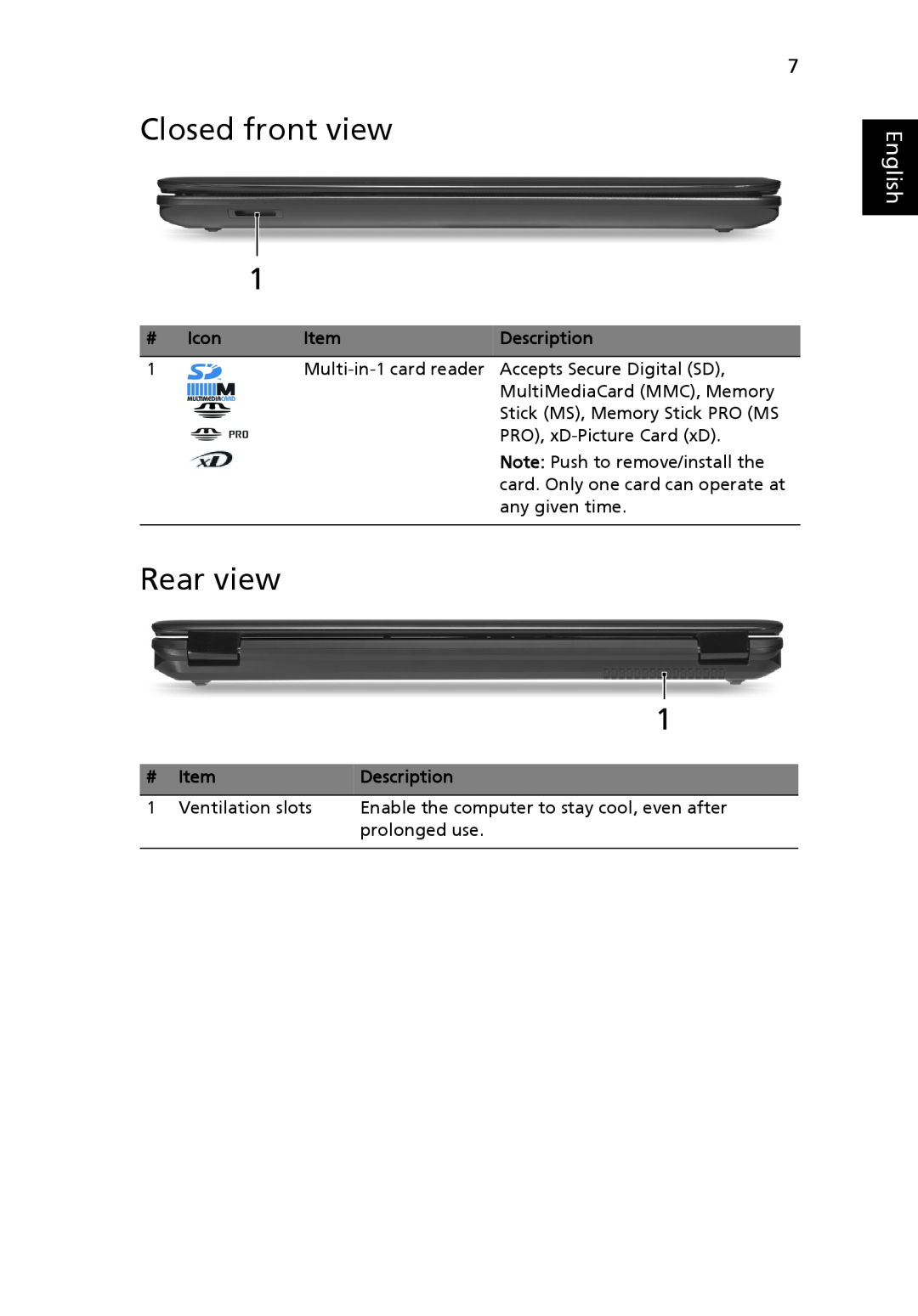 Acer 7540 Series manual Closed front view, Rear view, English 