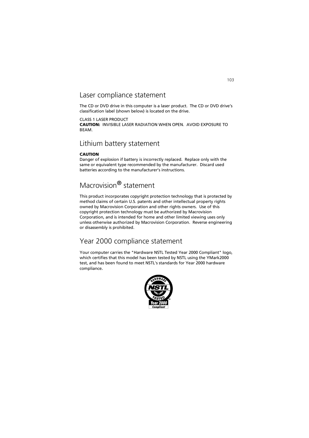 Acer 7600 series manual Laser compliance statement, Lithium battery statement Macrovision statement 