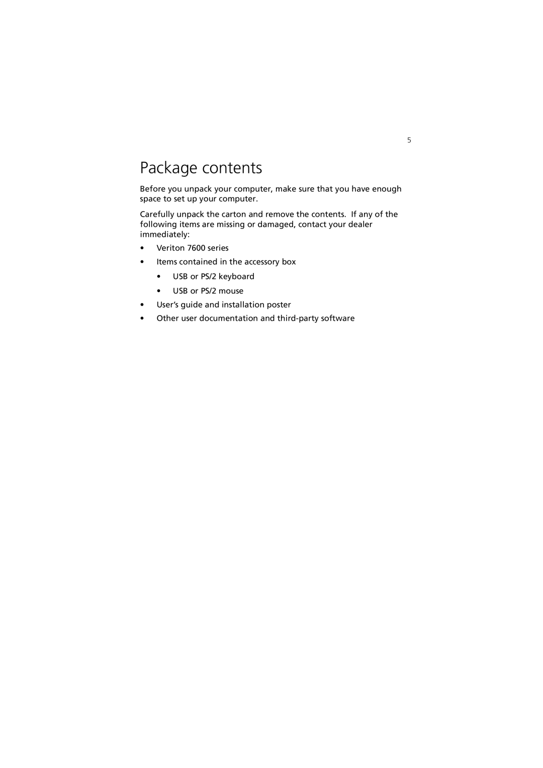 Acer 7600 series manual Package contents 