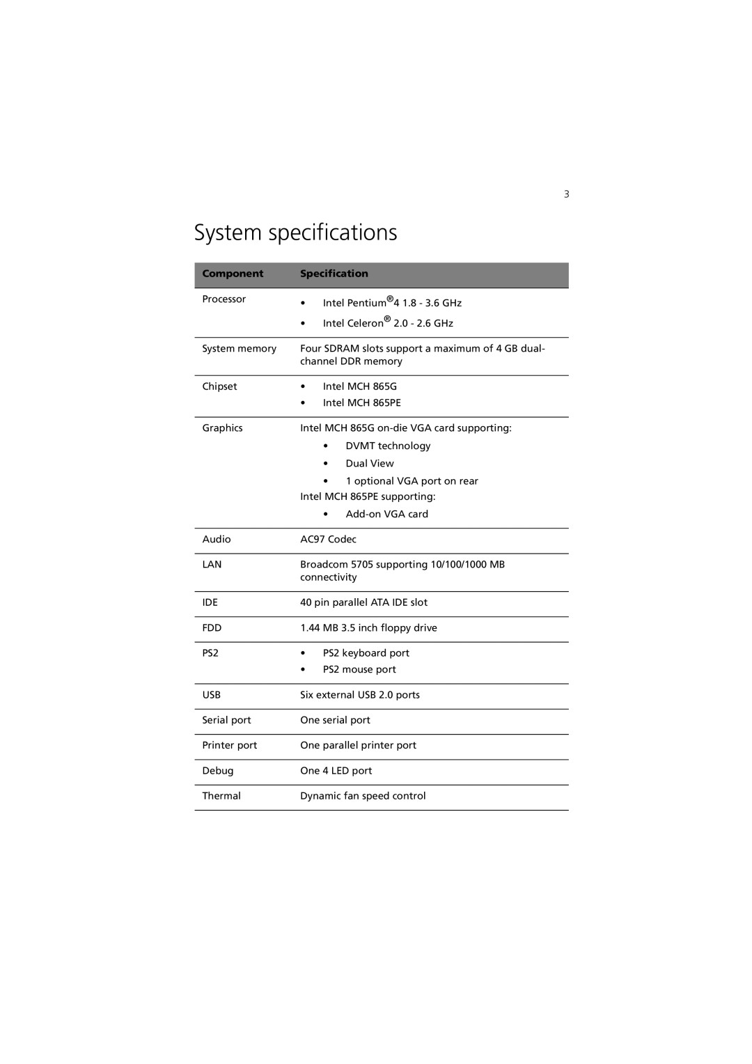 Acer 7600 series manual System specifications, Component Specification 