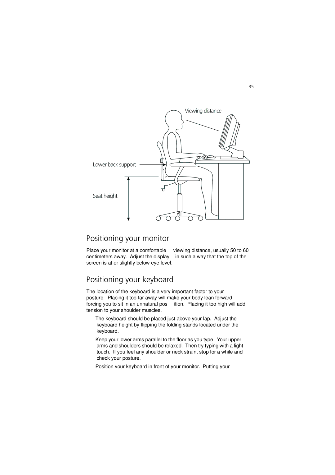 Acer 7600 manual Positioning your monitor, Positioning your keyboard 