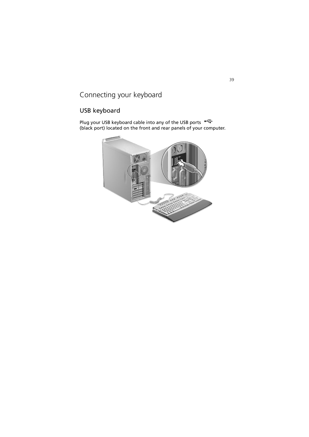 Acer 7600 manual Connecting your keyboard, USB keyboard 