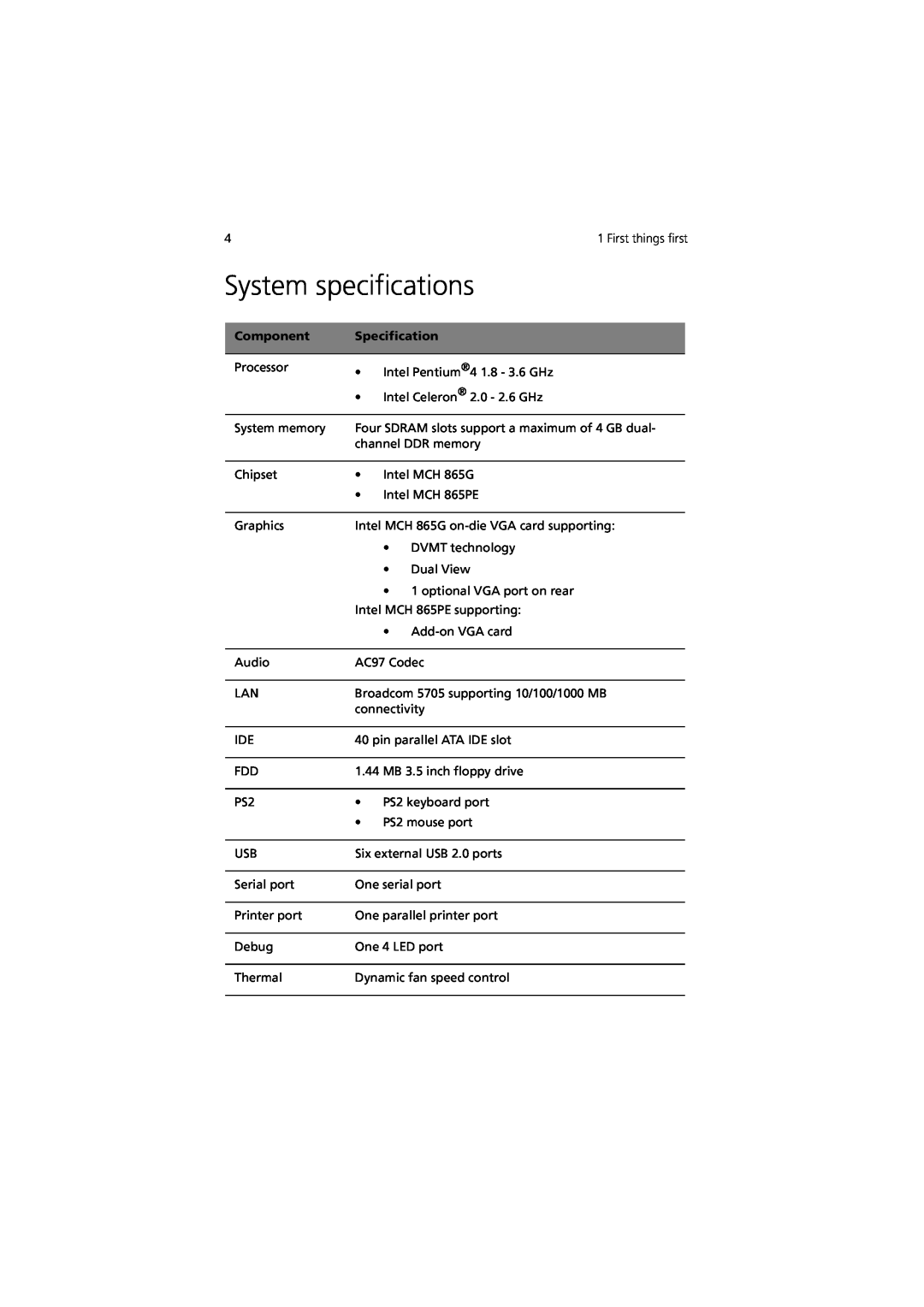 Acer 7600 manual System specifications, Component, Specification 