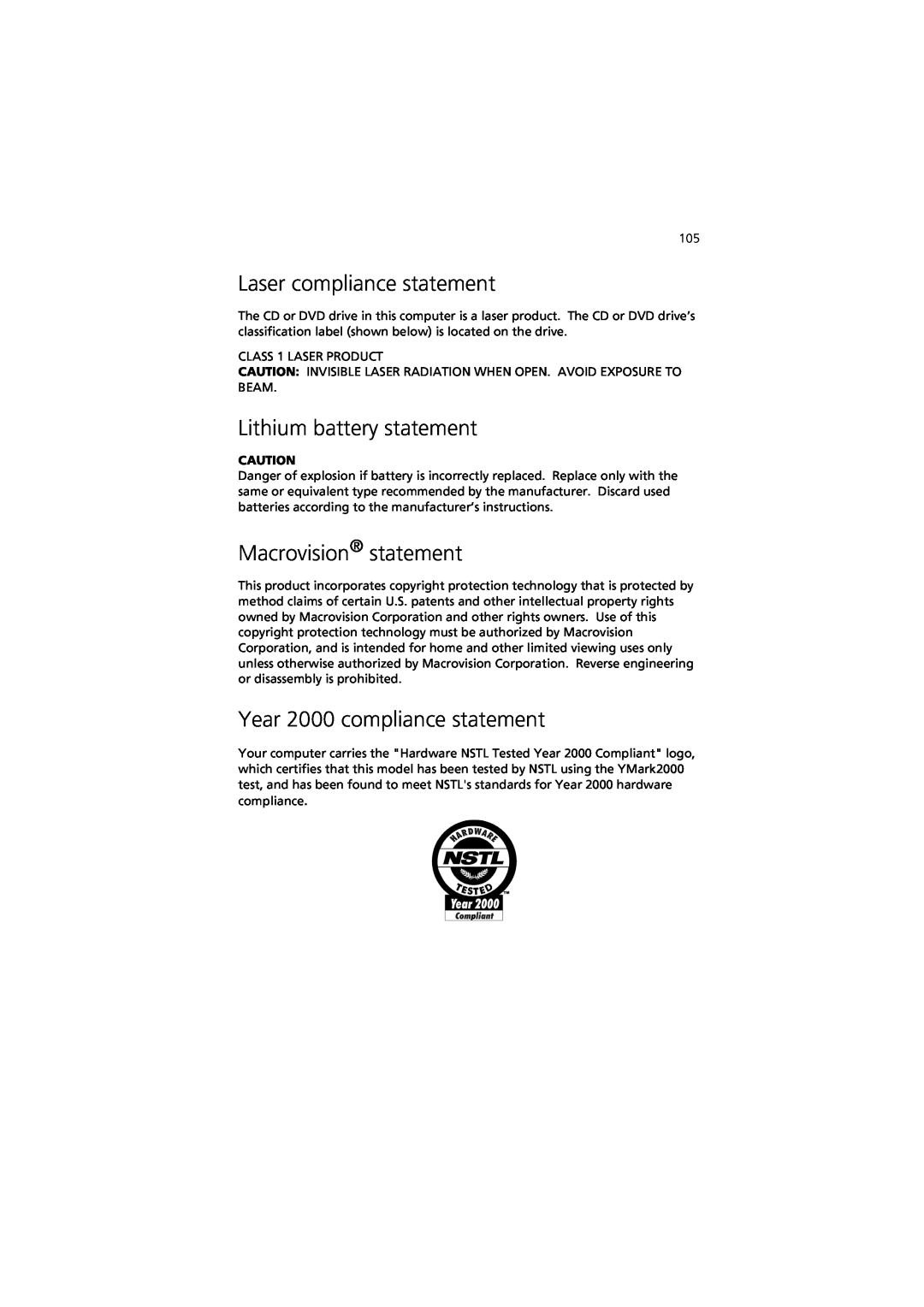 Acer 7600 Laser compliance statement, Lithium battery statement, Macrovision statement, Year 2000 compliance statement 