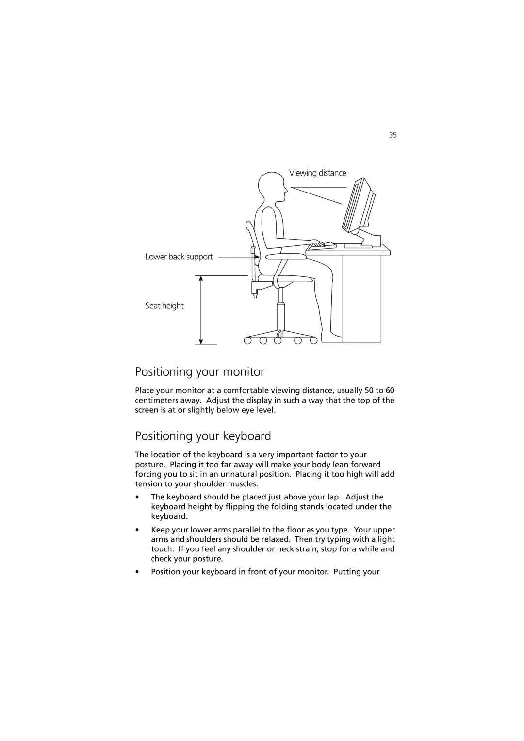 Acer 7600 manual Positioning your monitor, Positioning your keyboard 