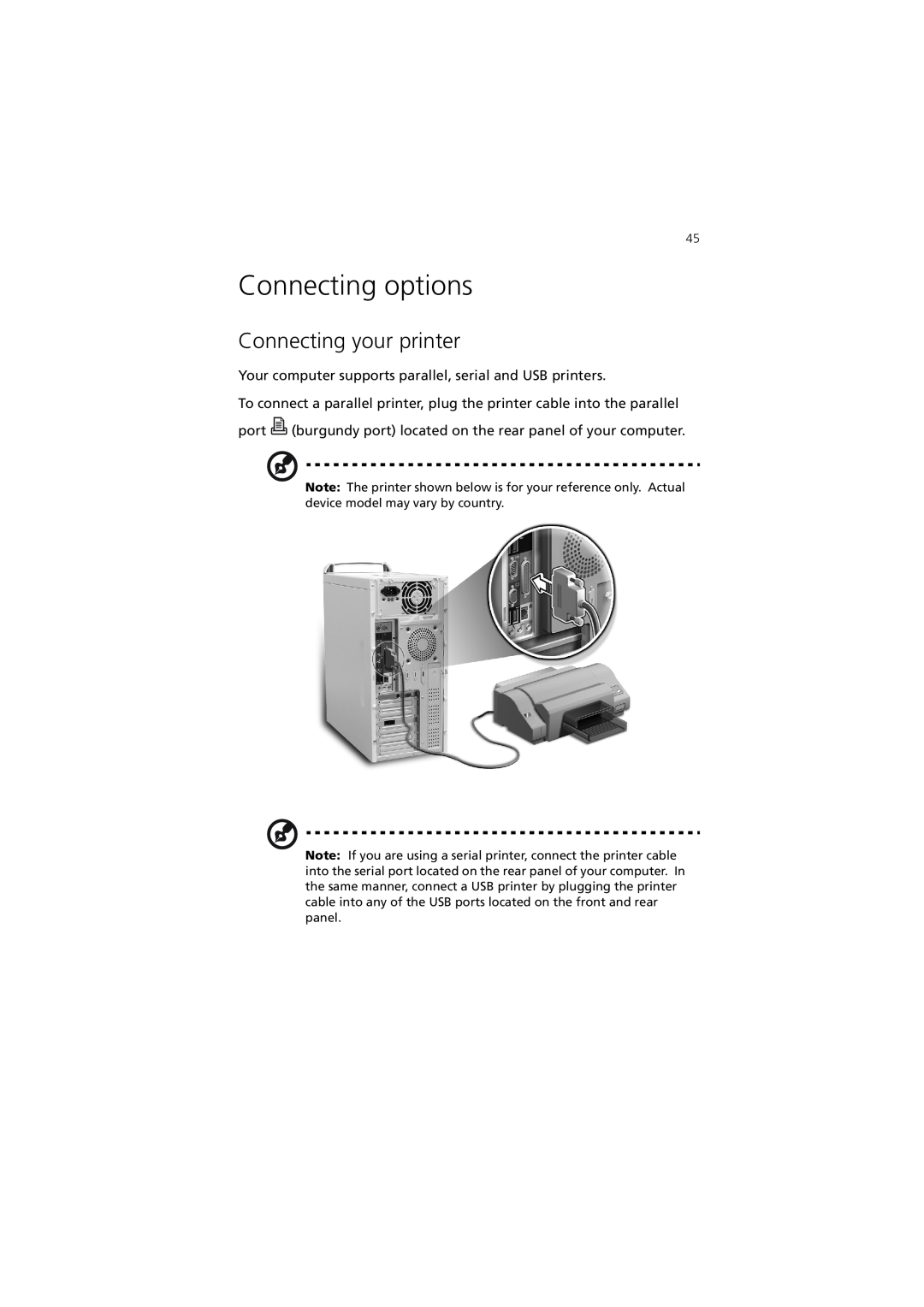 Acer 7600 manual Connecting options, Connecting your printer 