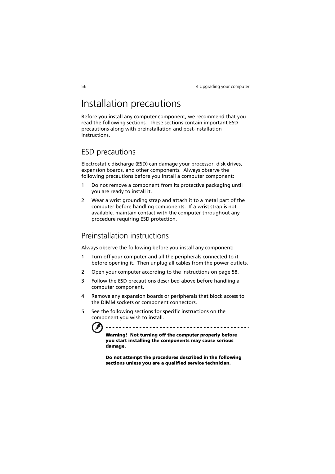 Acer 7600 manual Installation precautions, ESD precautions, Preinstallation instructions 