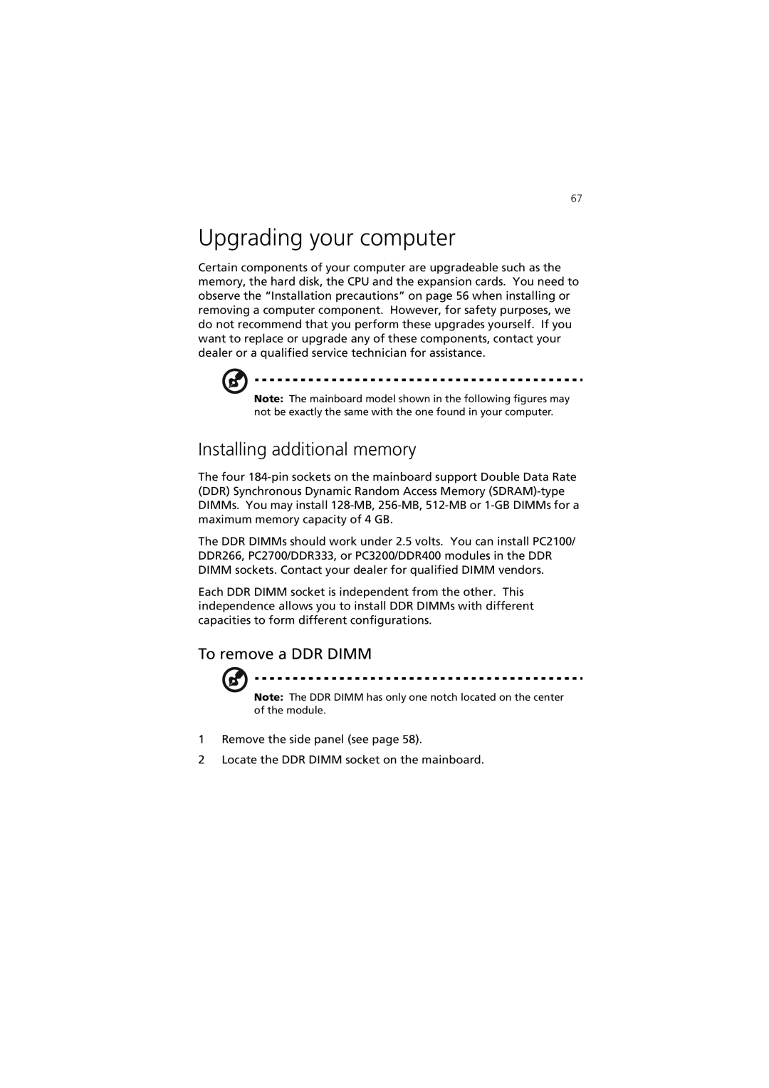 Acer 7600 manual Upgrading your computer, Installing additional memory, To remove a DDR DIMM 