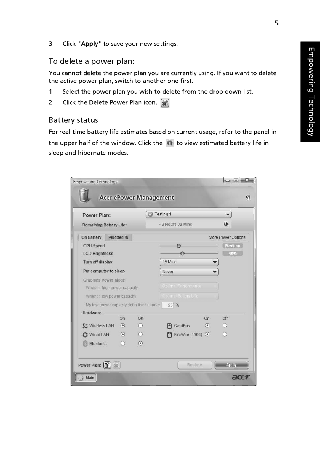 Acer 7620Z manual To delete a power plan, Battery status 