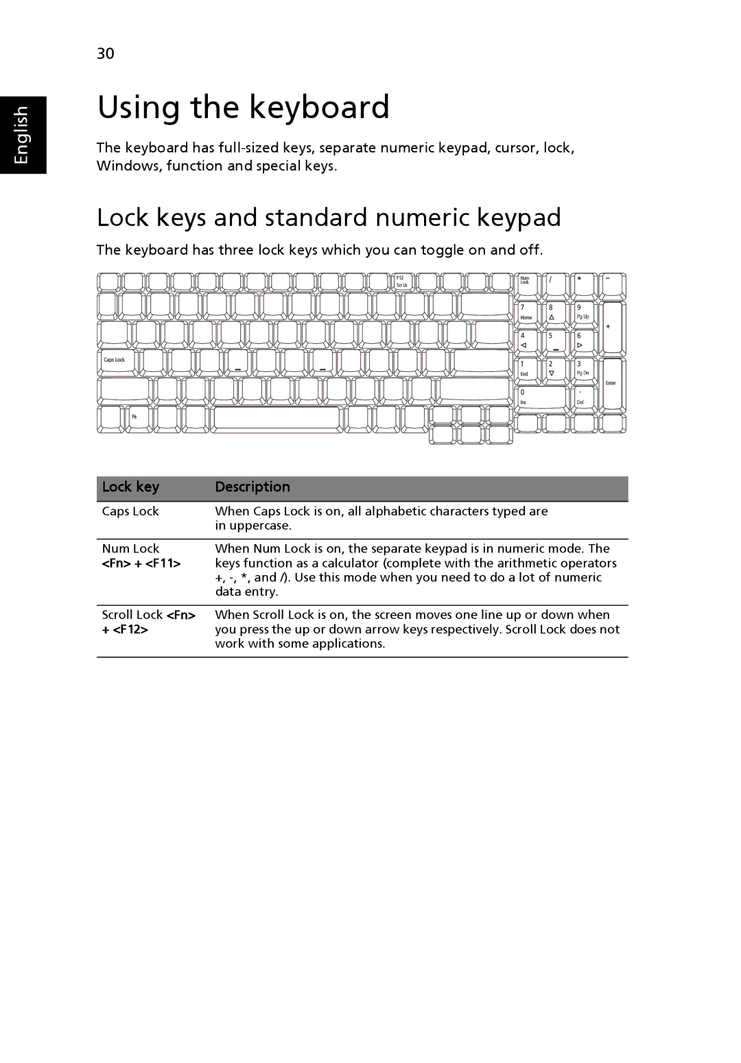 Acer 7620Z manual Using the keyboard, Lock keys and standard numeric keypad, Lock key Description 