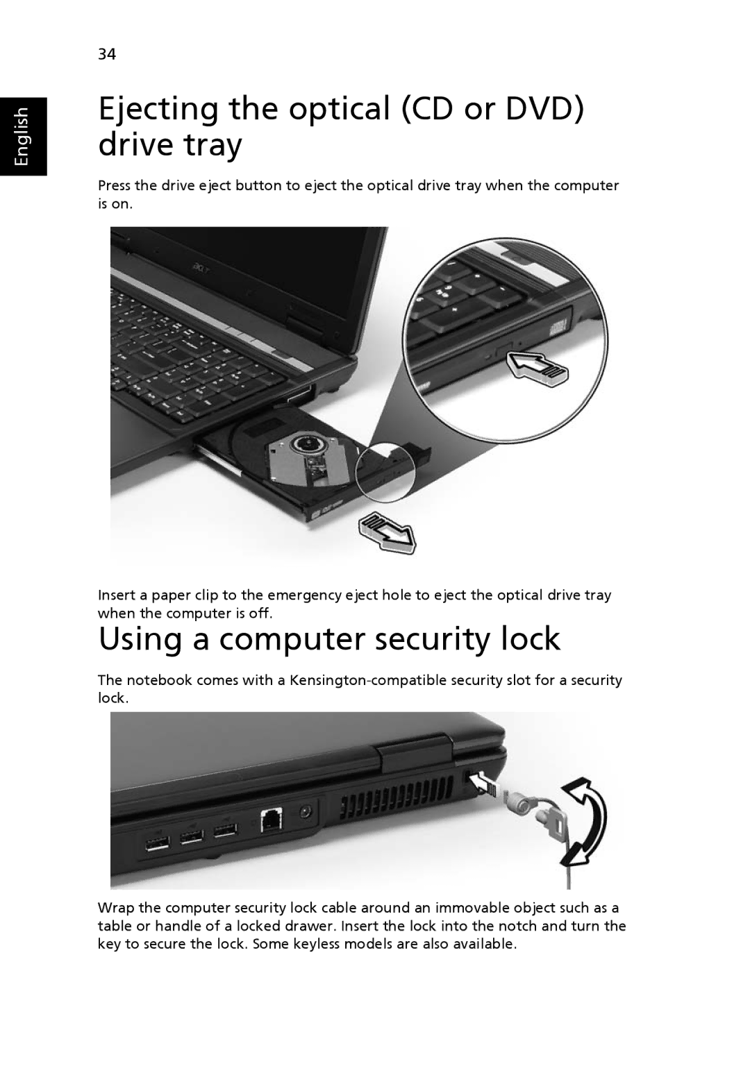 Acer 7620Z manual Ejecting the optical CD or DVD drive tray, Using a computer security lock 