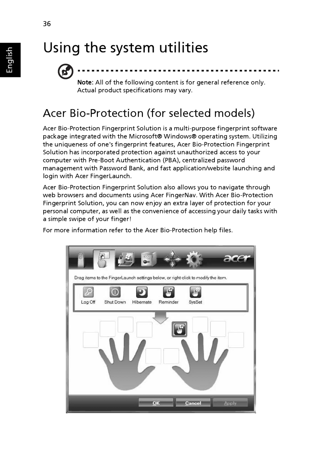 Acer 7620Z manual Using the system utilities, Acer Bio-Protection for selected models 