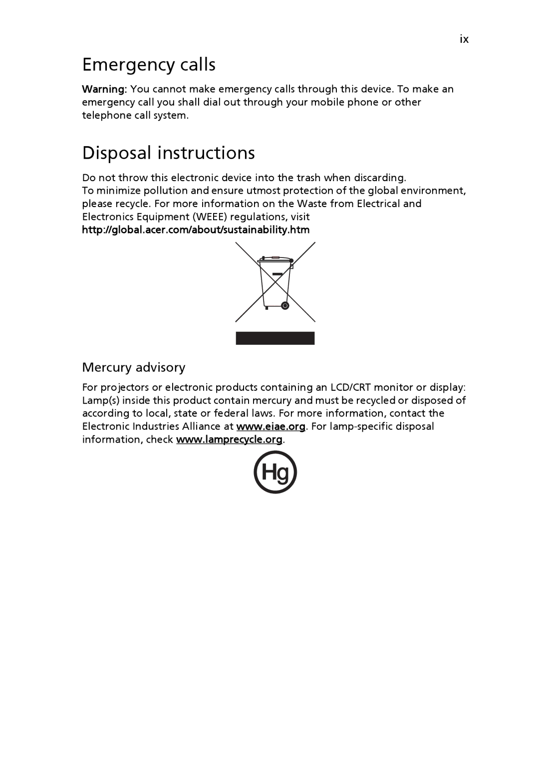 Acer 7620Z manual Emergency calls Disposal instructions, Mercury advisory 