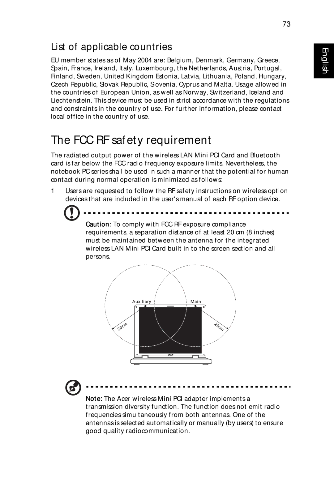 Acer 7620Z manual FCC RF safety requirement, List of applicable countries 