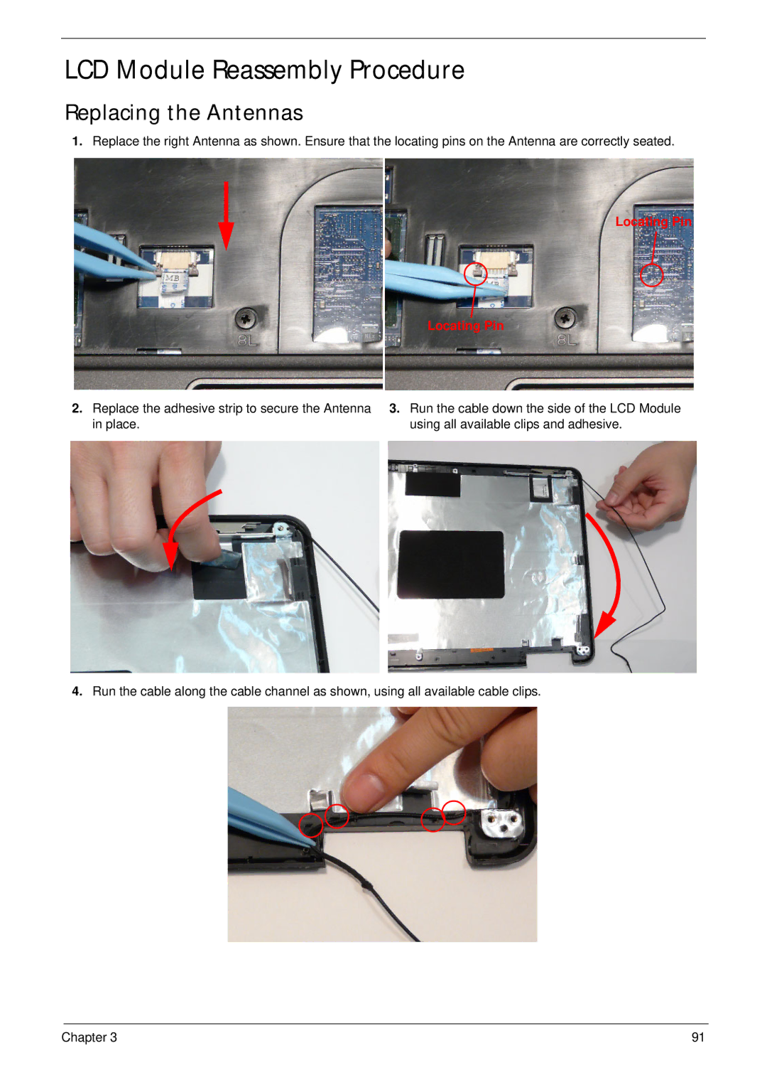 Acer 7315, 7715Z manual LCD Module Reassembly Procedure, Replacing the Antennas 