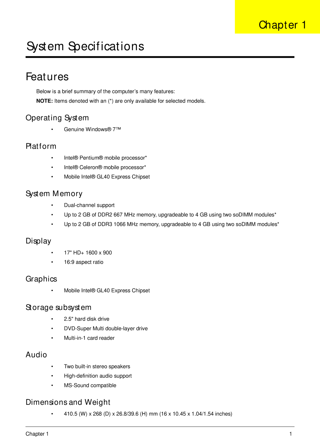 Acer 7315, 7715Z manual Chapter, Features 