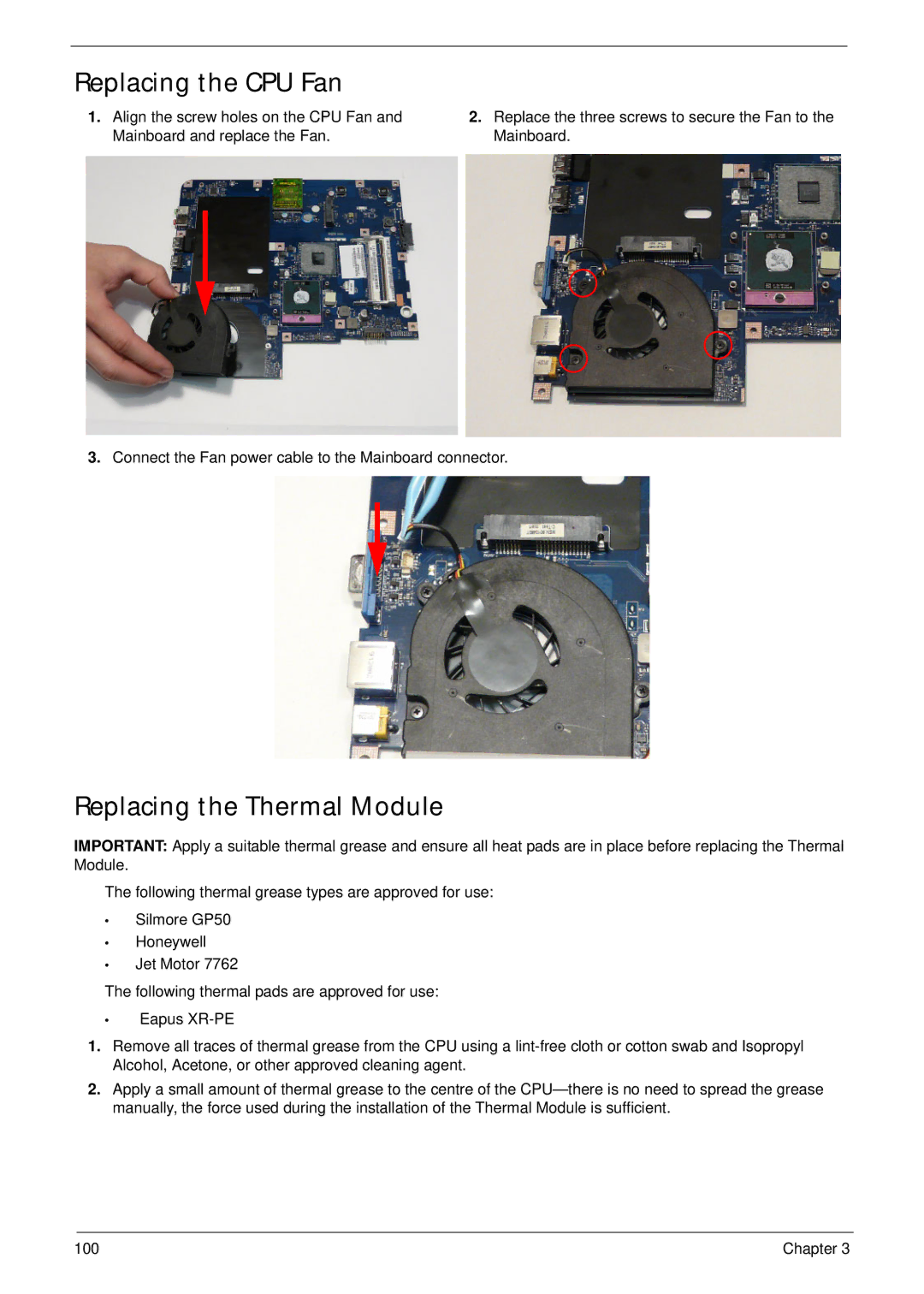 Acer 7715Z, 7315 manual Replacing the CPU Fan, Replacing the Thermal Module 