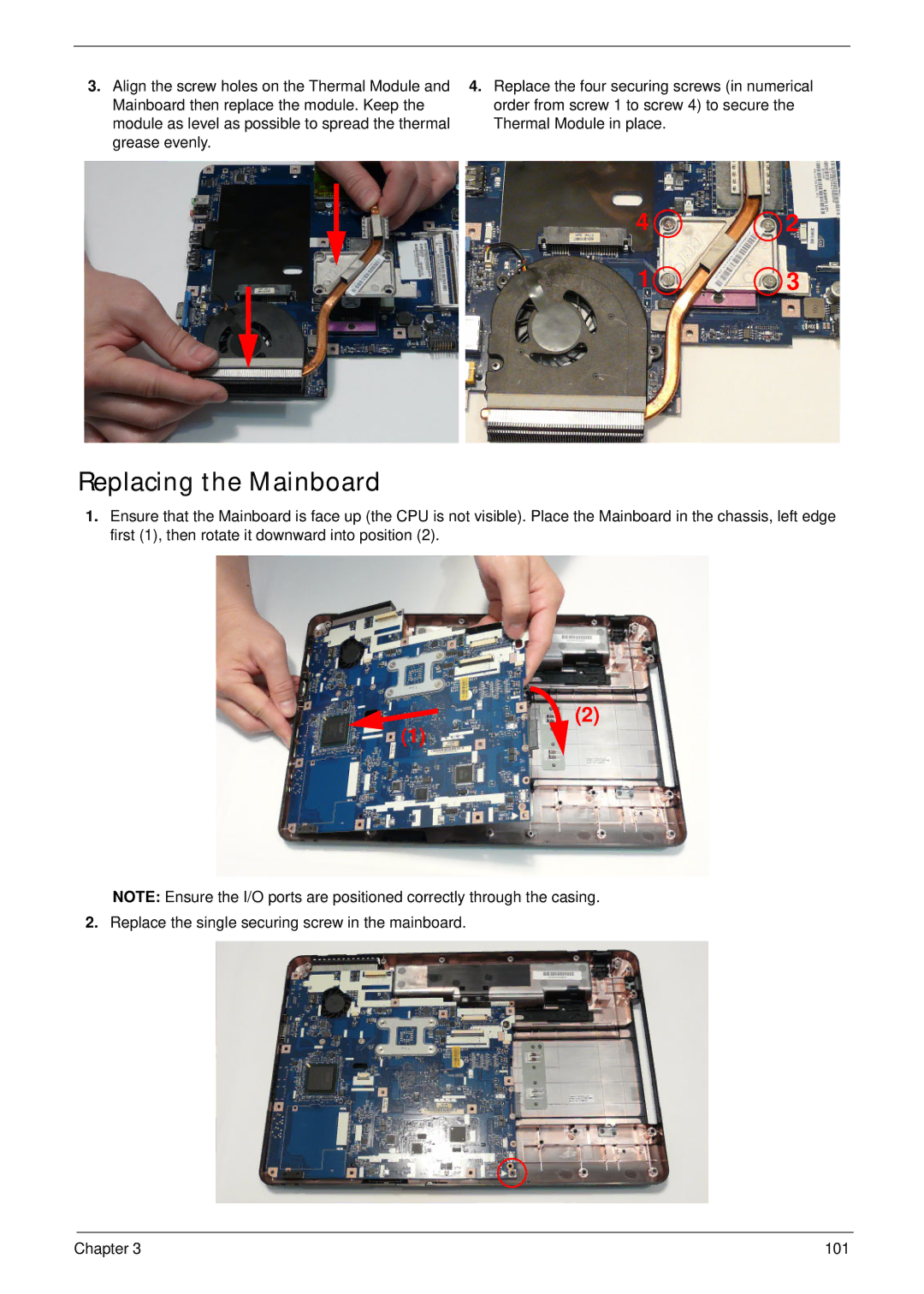 Acer 7315, 7715Z manual Replacing the Mainboard 