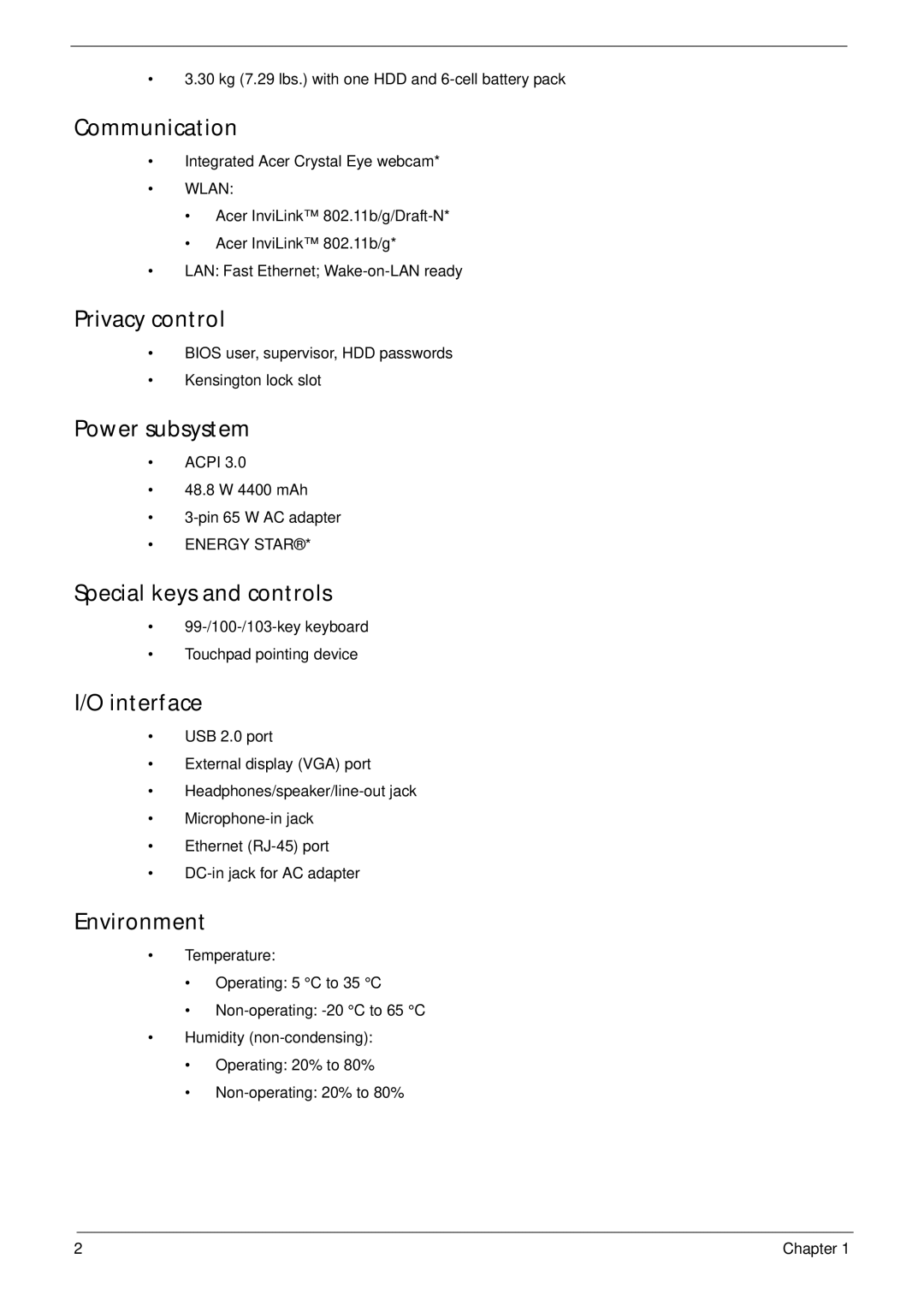 Acer 7715Z, 7315 manual Communication, Privacy control, Power subsystem, Special keys and controls, Interface, Environment 