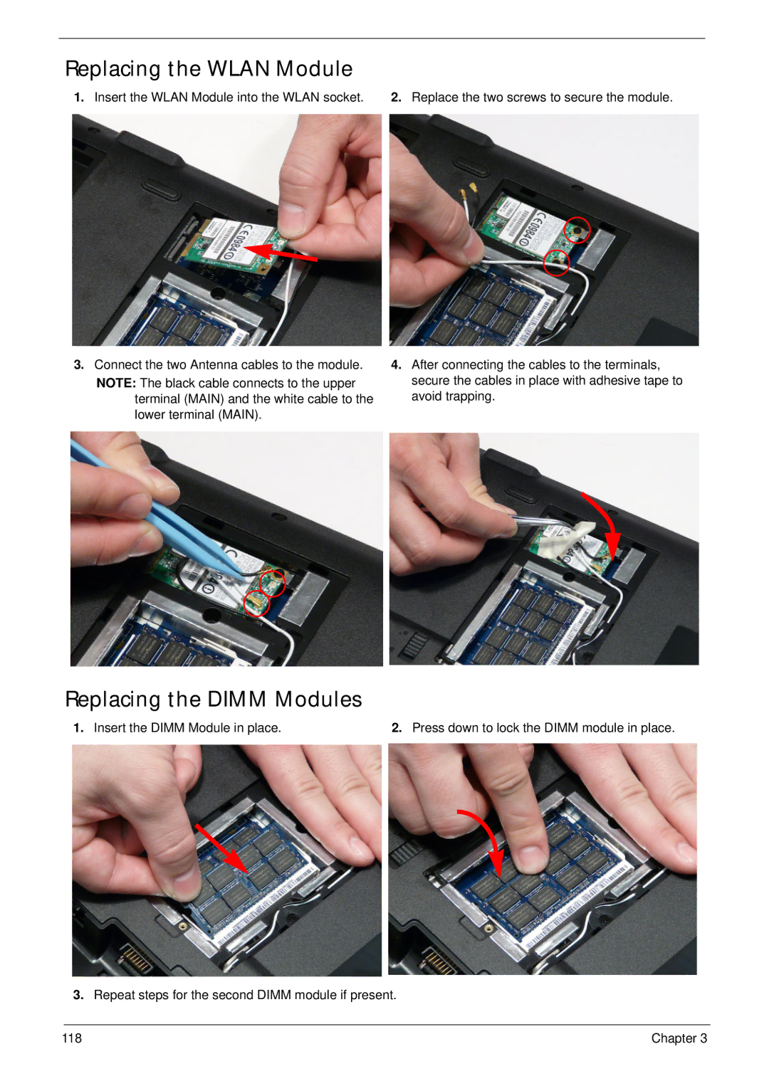 Acer 7715Z, 7315 manual Replacing the Wlan Module, Replacing the Dimm Modules 