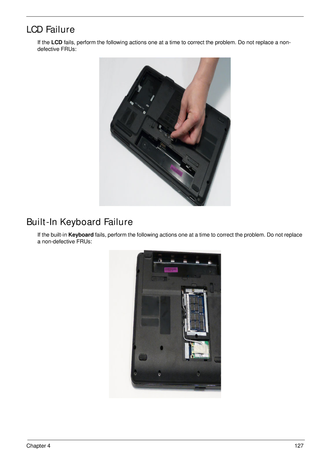 Acer 7315, 7715Z manual LCD Failure, Built-In Keyboard Failure 