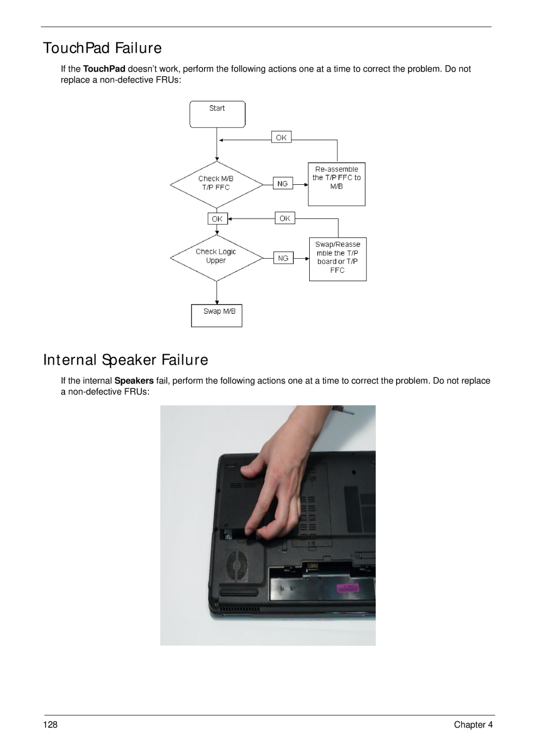 Acer 7715Z, 7315 manual TouchPad Failure, Internal Speaker Failure 