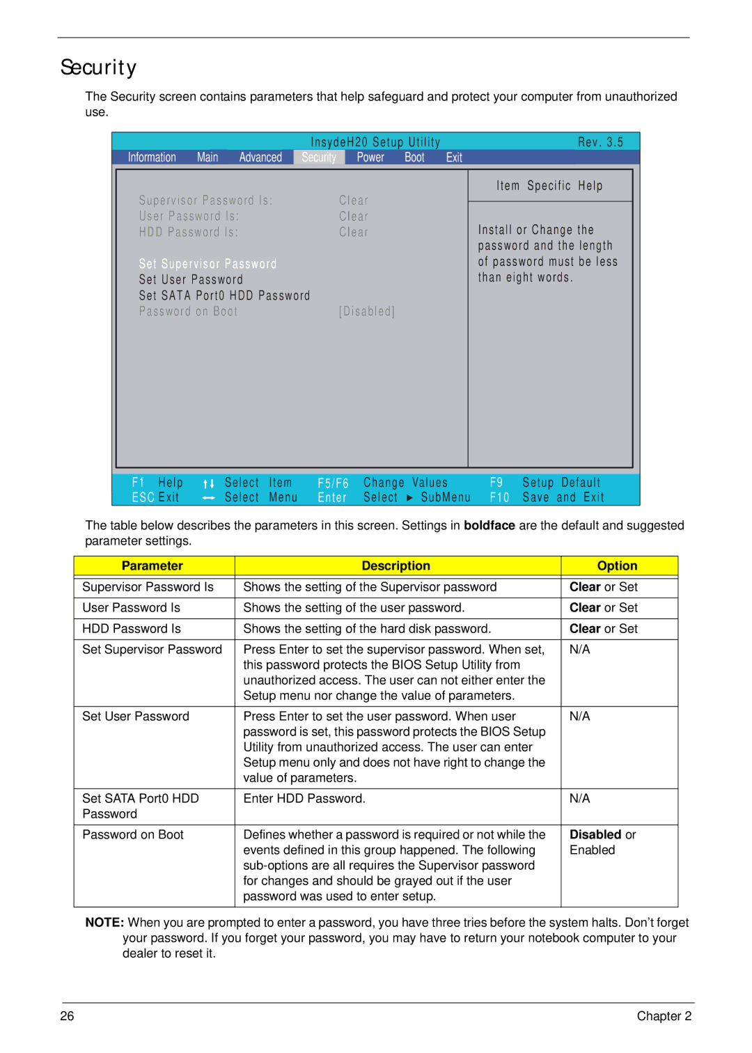 Acer 7715Z, 7315 manual Security, Parameter Description Option, Clear or Set, Disabled or 