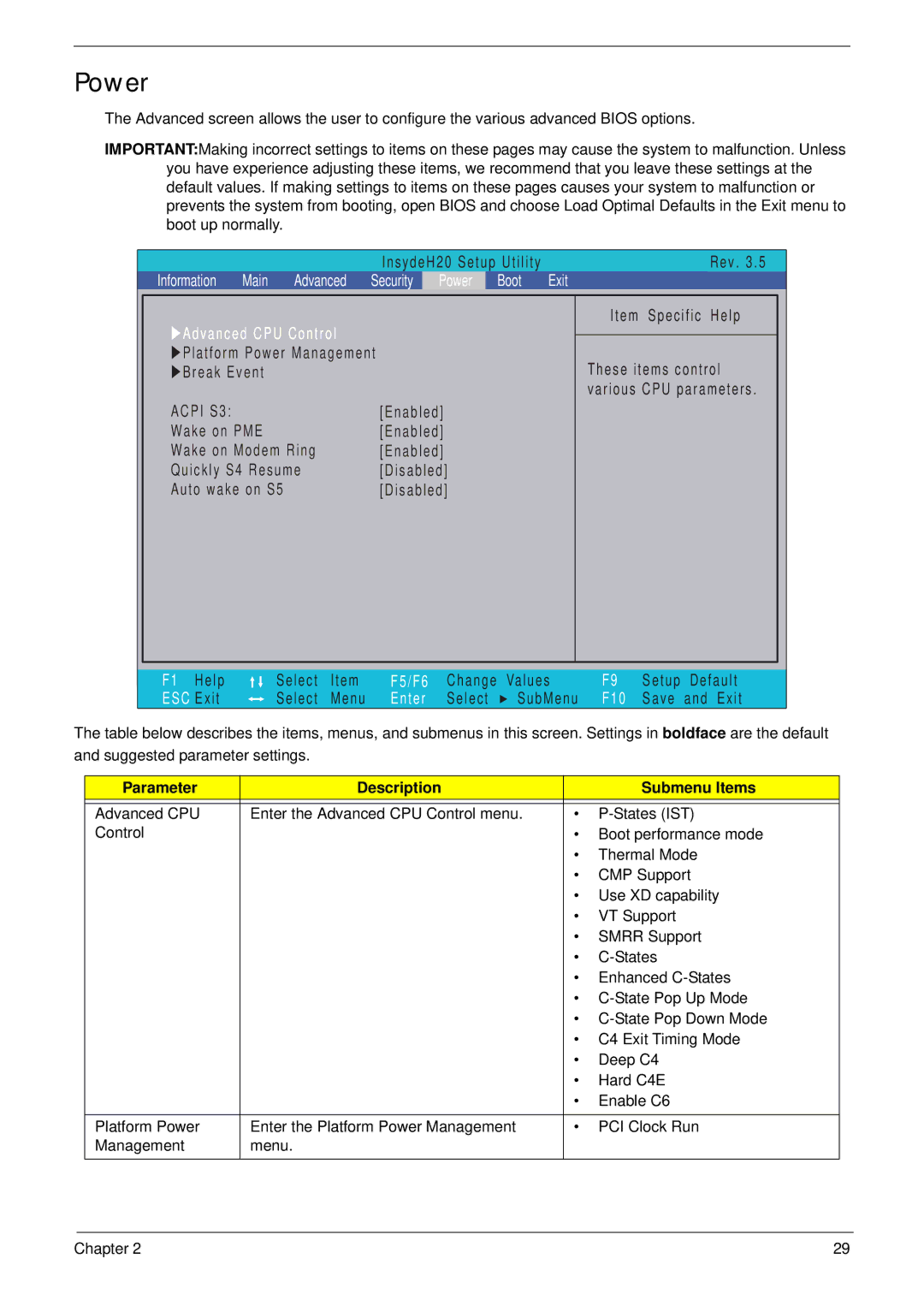 Acer 7315, 7715Z manual Power, Acpi S3 