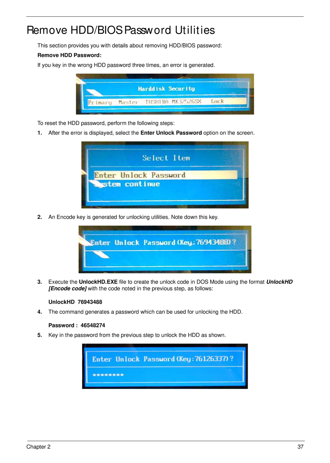 Acer 7315, 7715Z manual Remove HDD/BIOS Password Utilities, Remove HDD Password, UnlockHD 