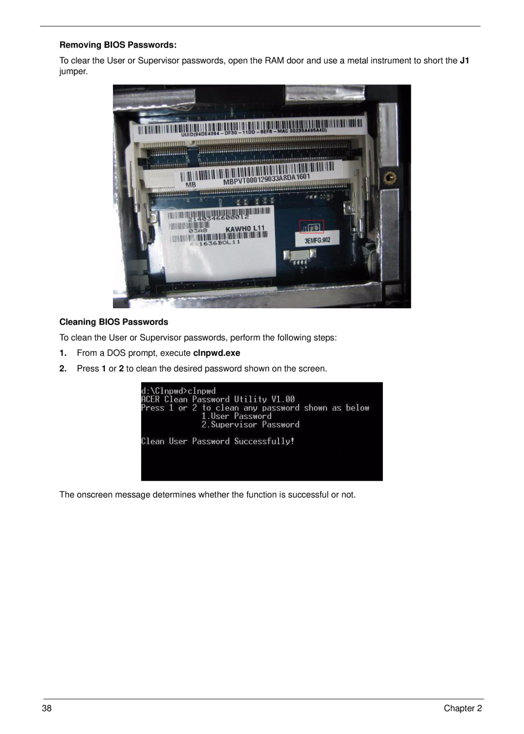 Acer 7715Z, 7315 manual Removing Bios Passwords, Cleaning Bios Passwords 