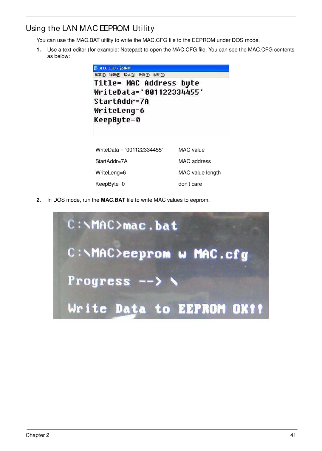 Acer 7315, 7715Z manual Using the LAN MAC Eeprom Utility 