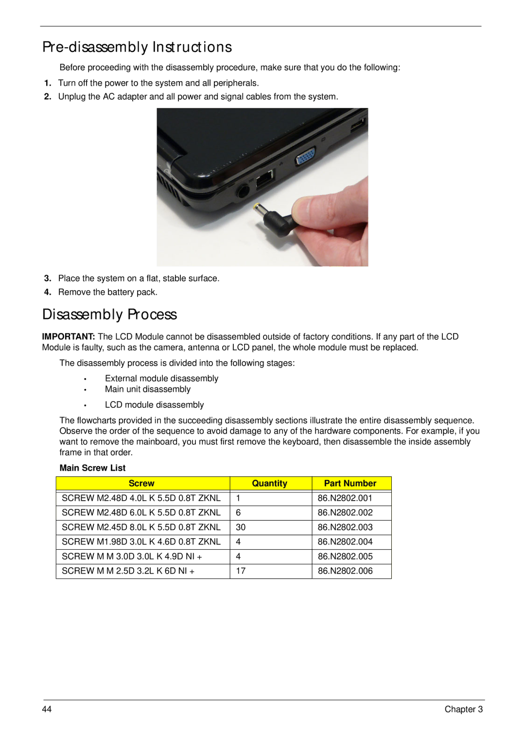 Acer 7715Z, 7315 Pre-disassembly Instructions, Disassembly Process, Main Screw List Quantity Part Number, Screw M M 3.0D 