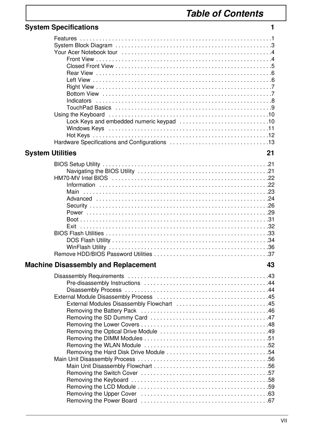 Acer 7315, 7715Z manual Table of Contents 