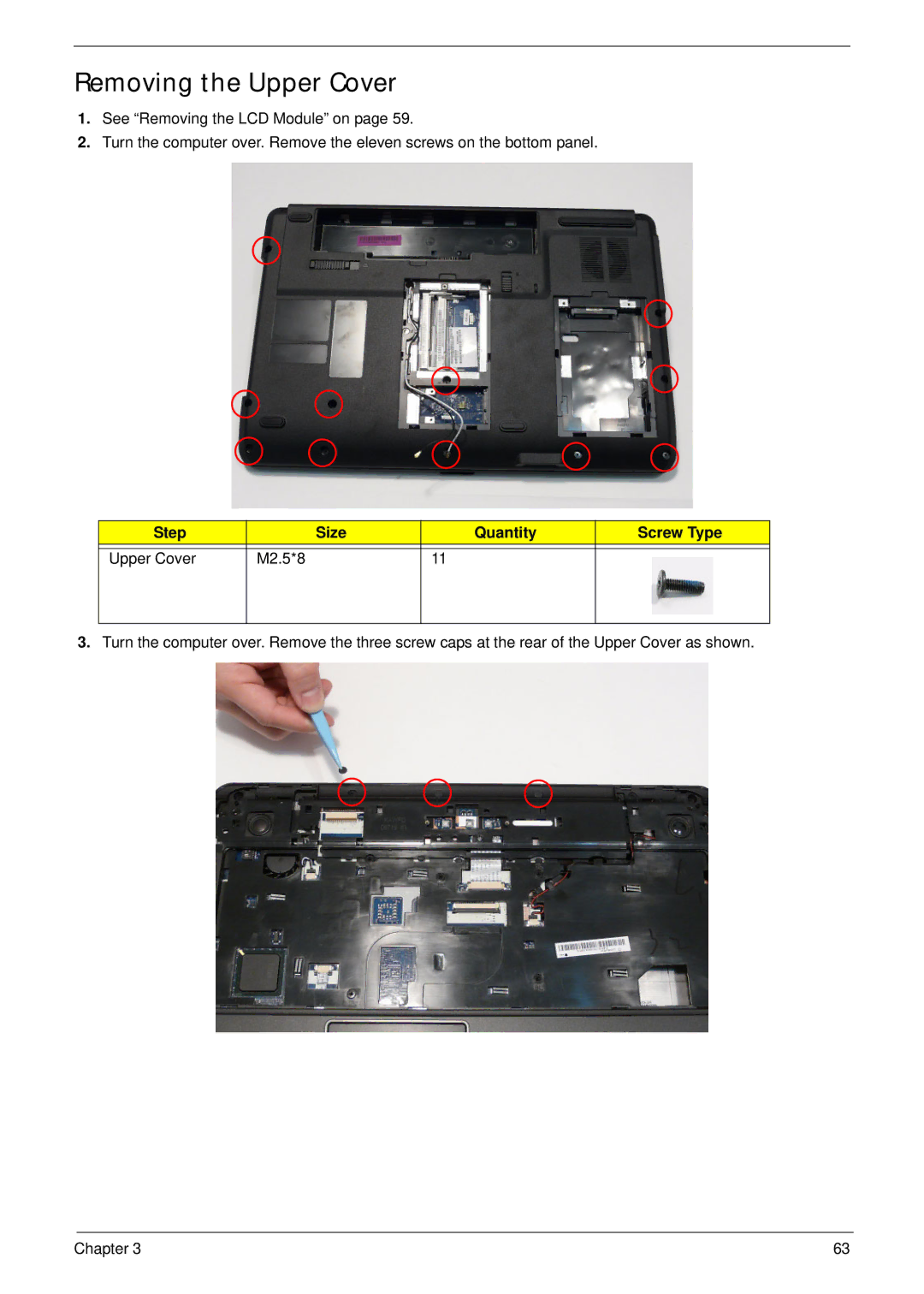 Acer 7315, 7715Z manual Removing the Upper Cover, Step Size Quantity Screw Type Upper Cover M2.5*8 