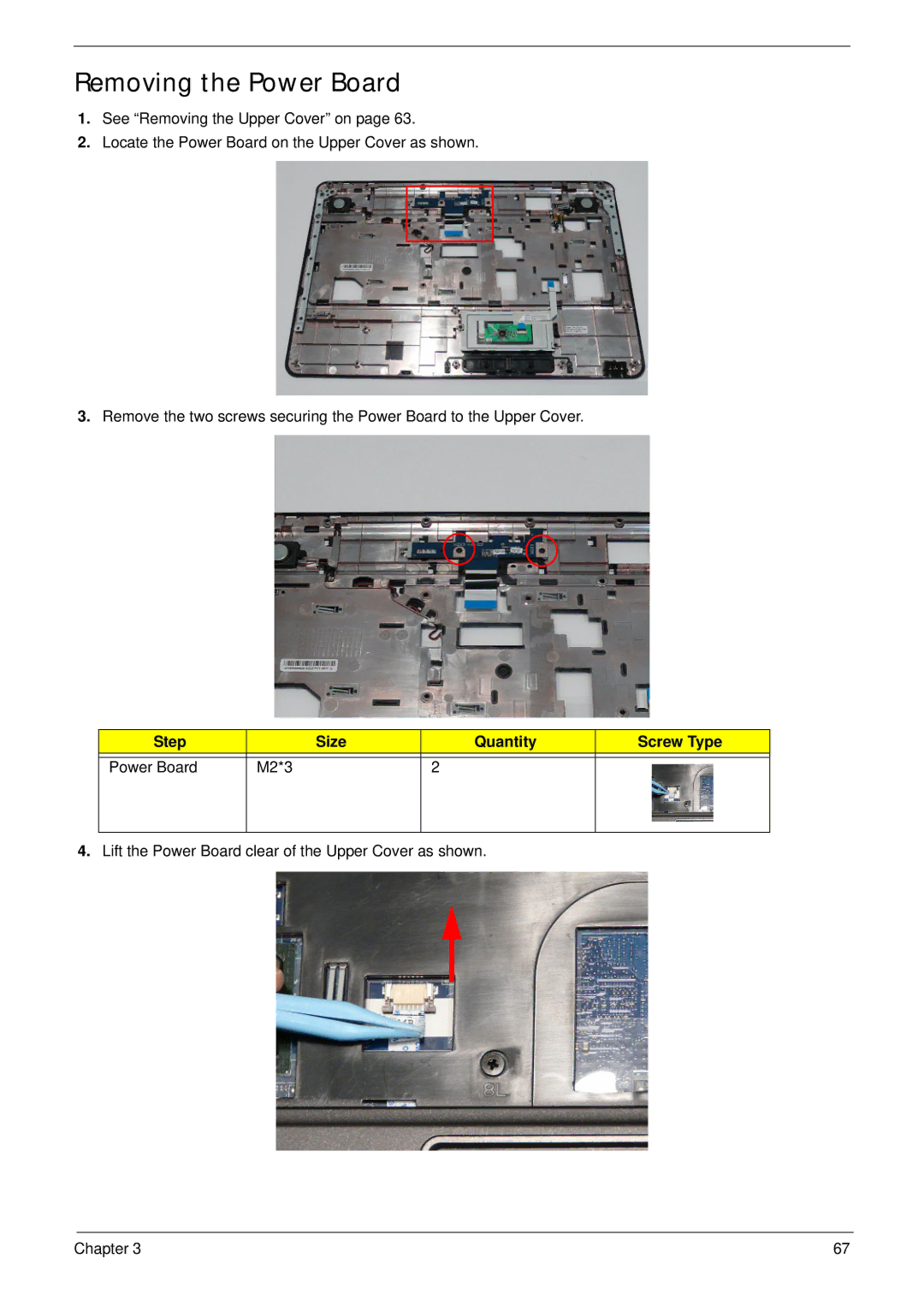 Acer 7315, 7715Z manual Removing the Power Board, Step Size Quantity Screw Type Power Board M2*3 