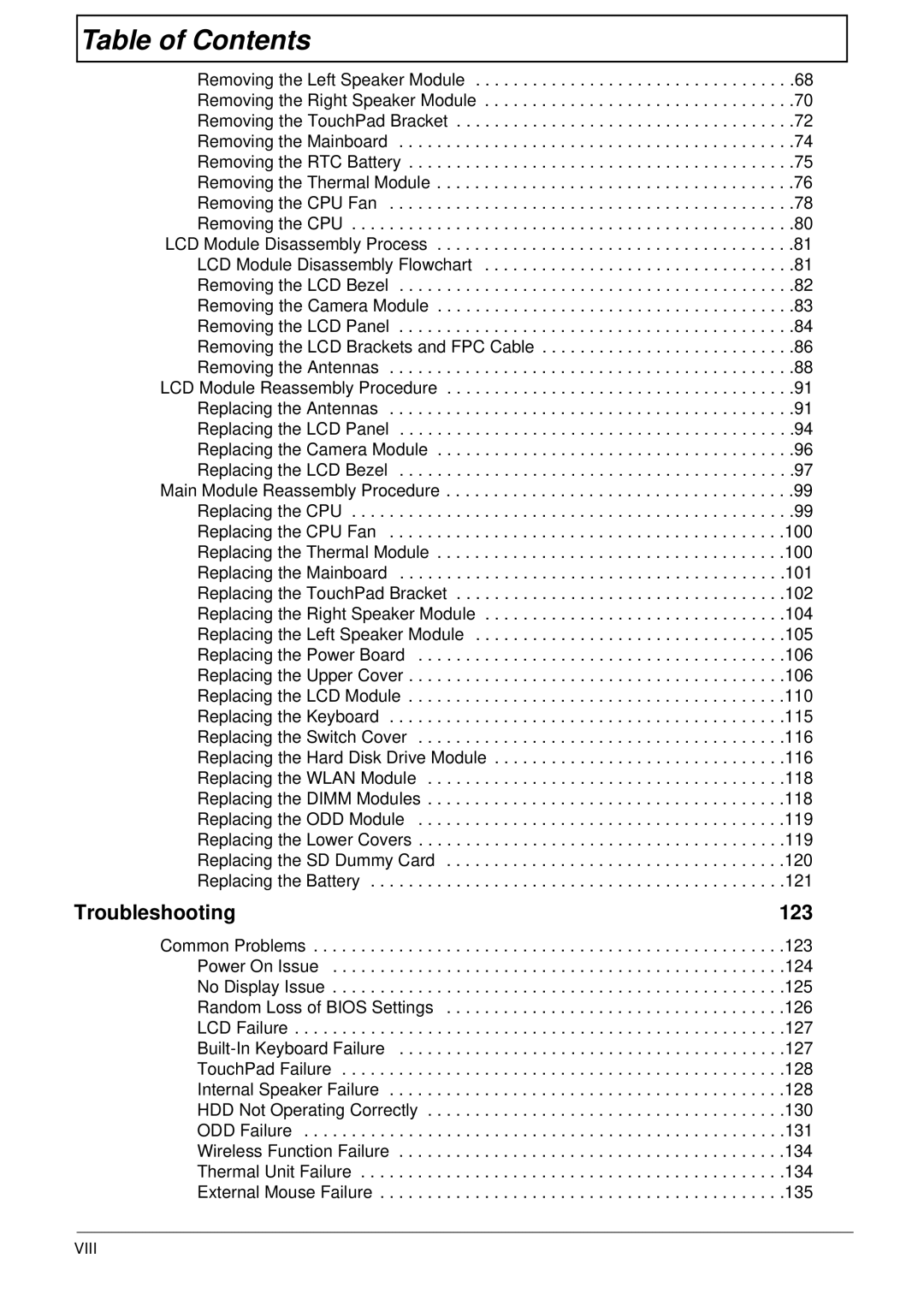 Acer 7715Z, 7315 manual Troubleshooting 123, Viii 