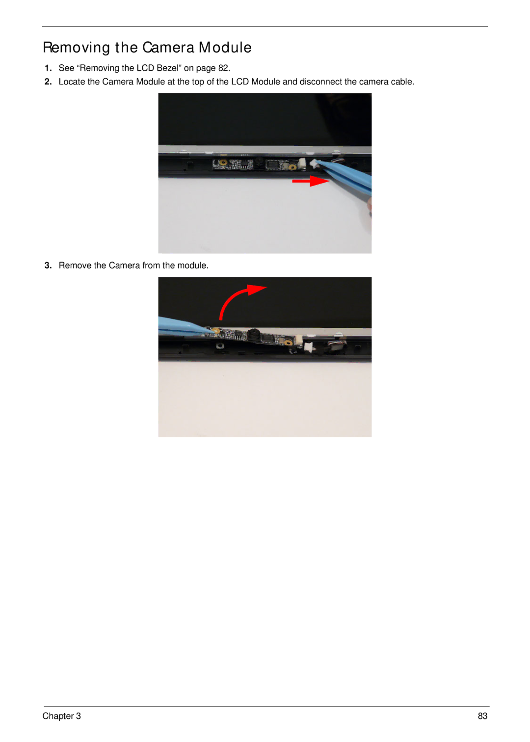 Acer 7315, 7715Z manual Removing the Camera Module 