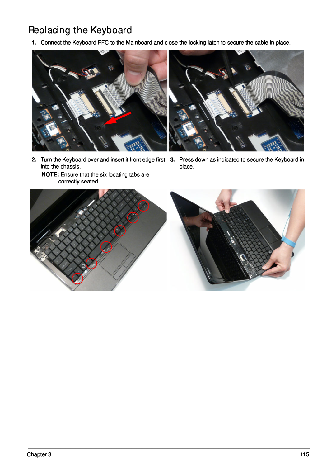 Acer 7315, 7715Z manual Replacing the Keyboard, NOTE Ensure that the six locating tabs are correctly seated, Chapter 
