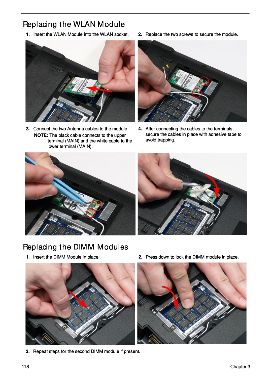 Acer 7715Z, 7315 manual Replacing the WLAN Module, Replacing the DIMM Modules, Insert the DIMM Module in place 