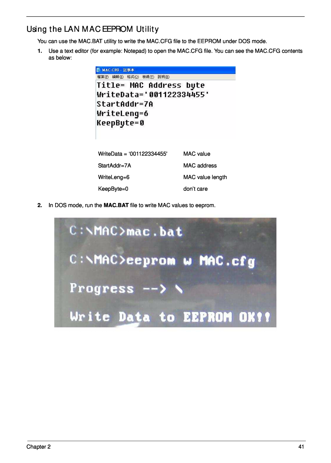 Acer 7315, 7715Z manual Using the LAN MAC EEPROM Utility 