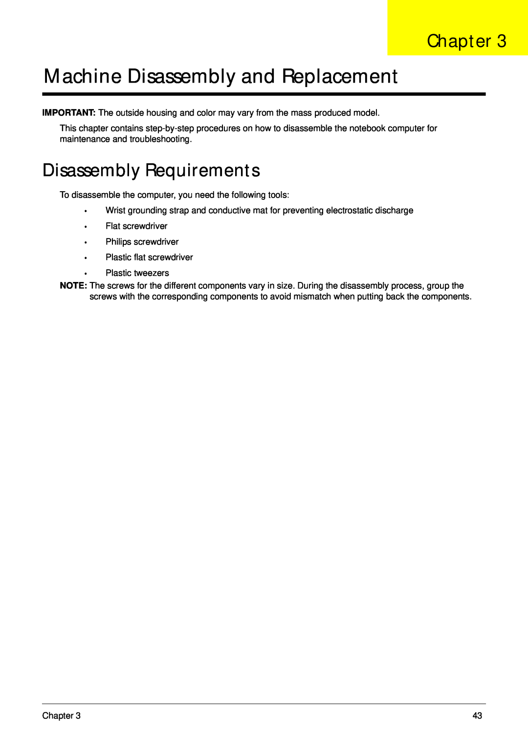 Acer 7315, 7715Z manual Machine Disassembly and Replacement, Disassembly Requirements, Chapter 