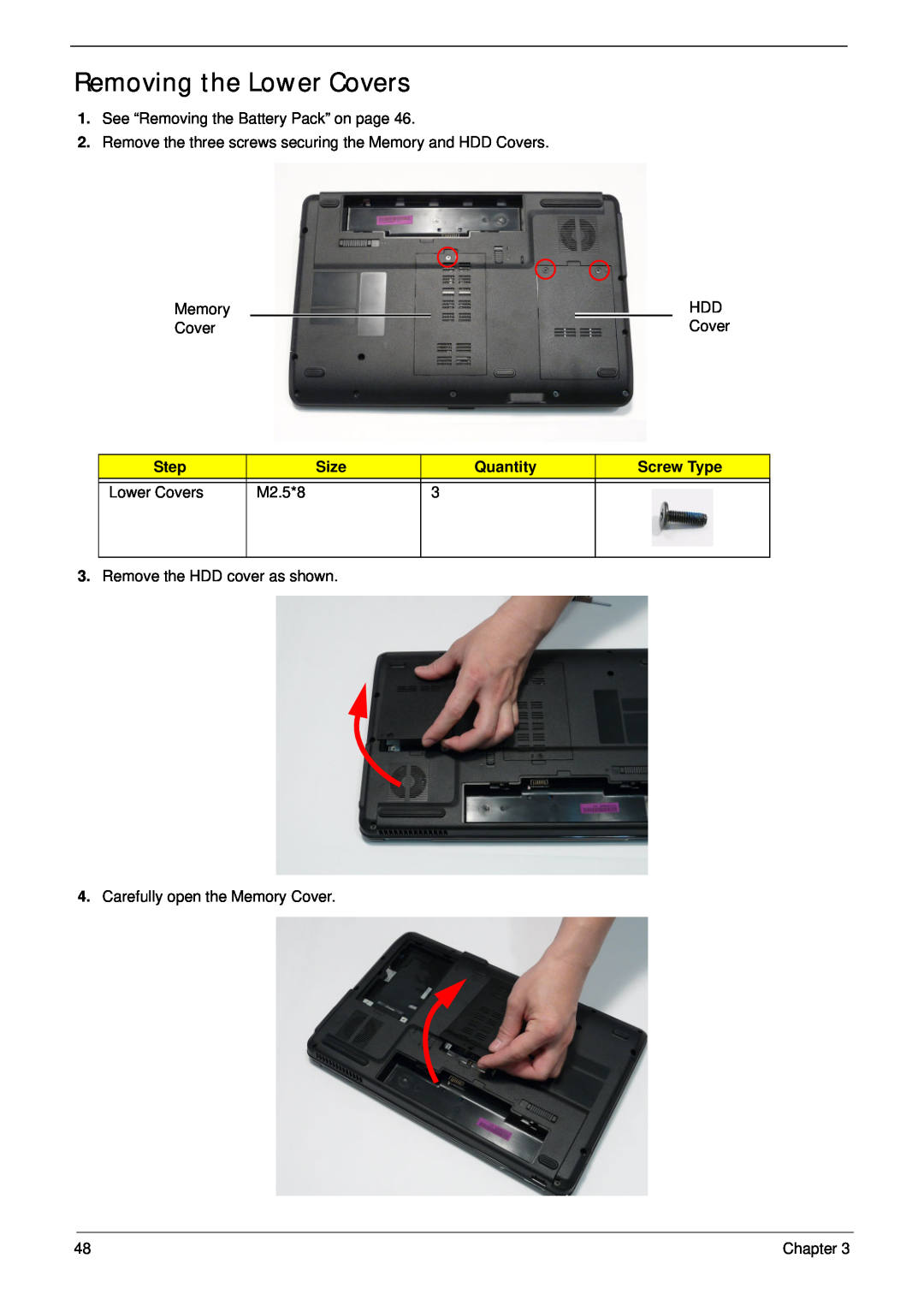 Acer 7715Z, 7315 manual Removing the Lower Covers, Step, Size, Quantity, Screw Type, M2.5*8, Chapter 