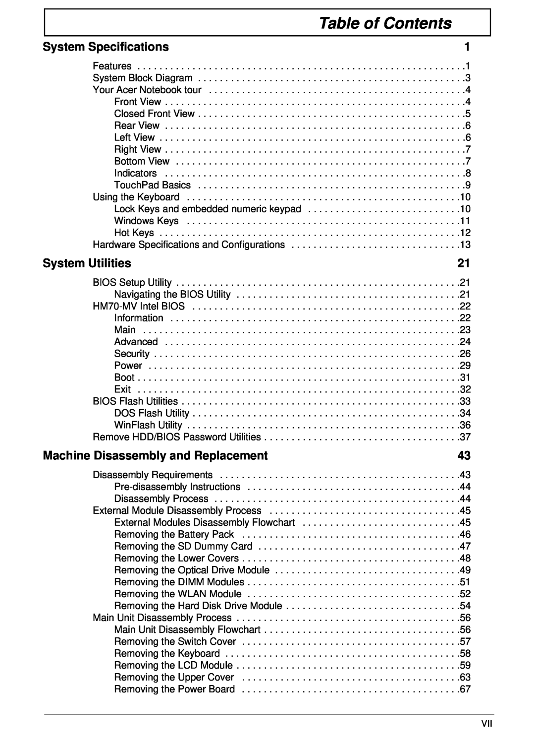 Acer 7315, 7715Z manual Table of Contents, System Specifications, System Utilities, Machine Disassembly and Replacement 