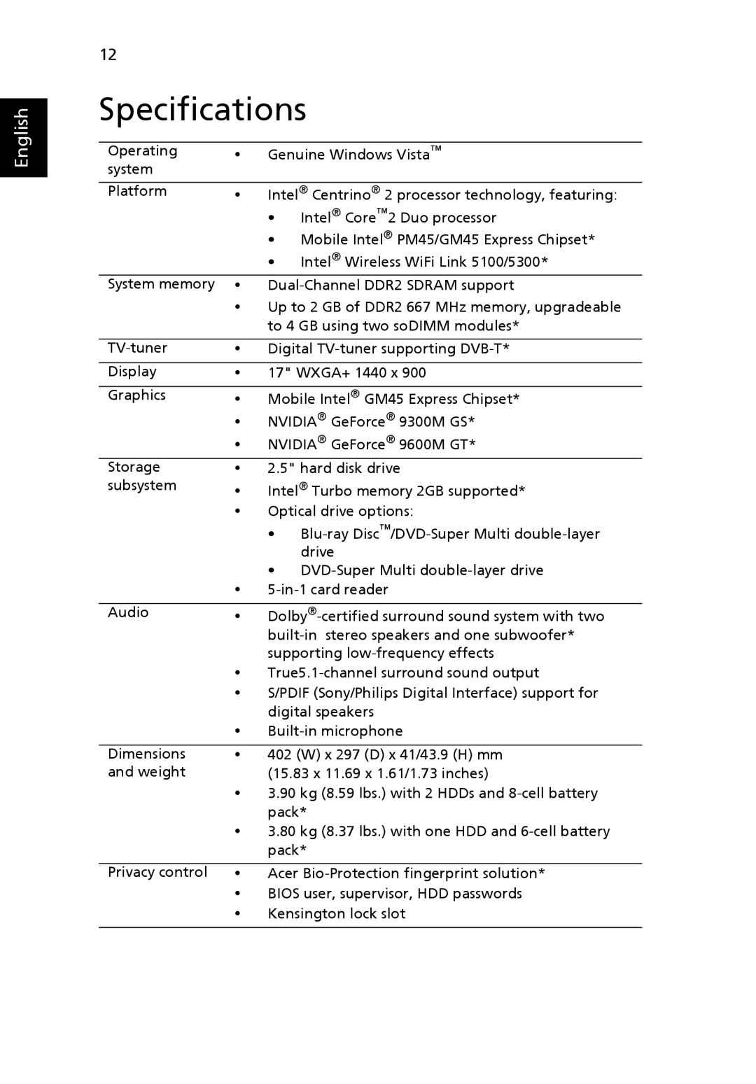 Acer 7730 Series manual Specifications 