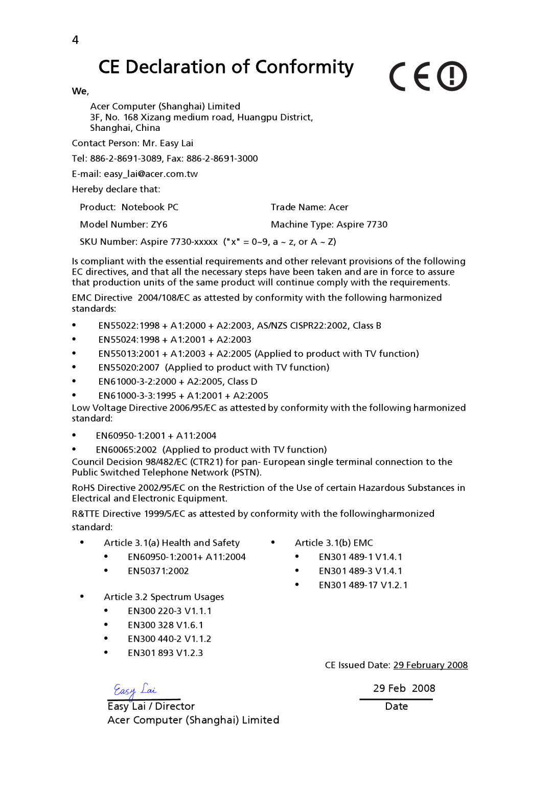 Acer 7730 Series manual CE Declaration of Conformity 