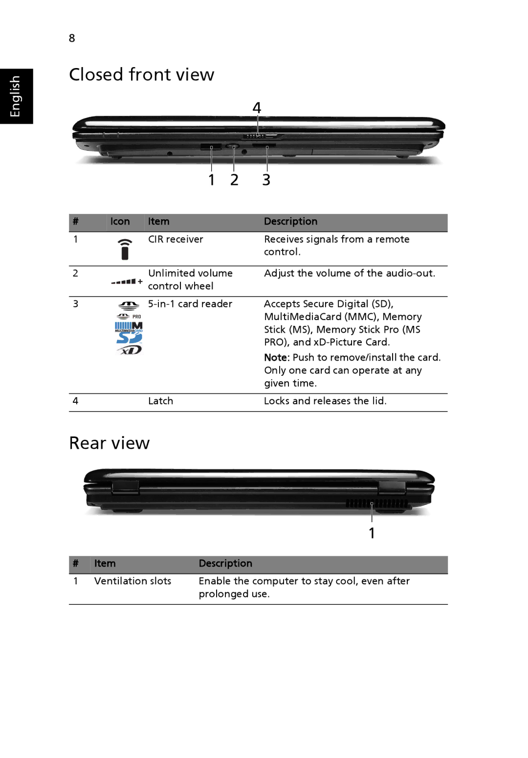 Acer 7730 Series manual Closed front view, Rear view, Icon Description 