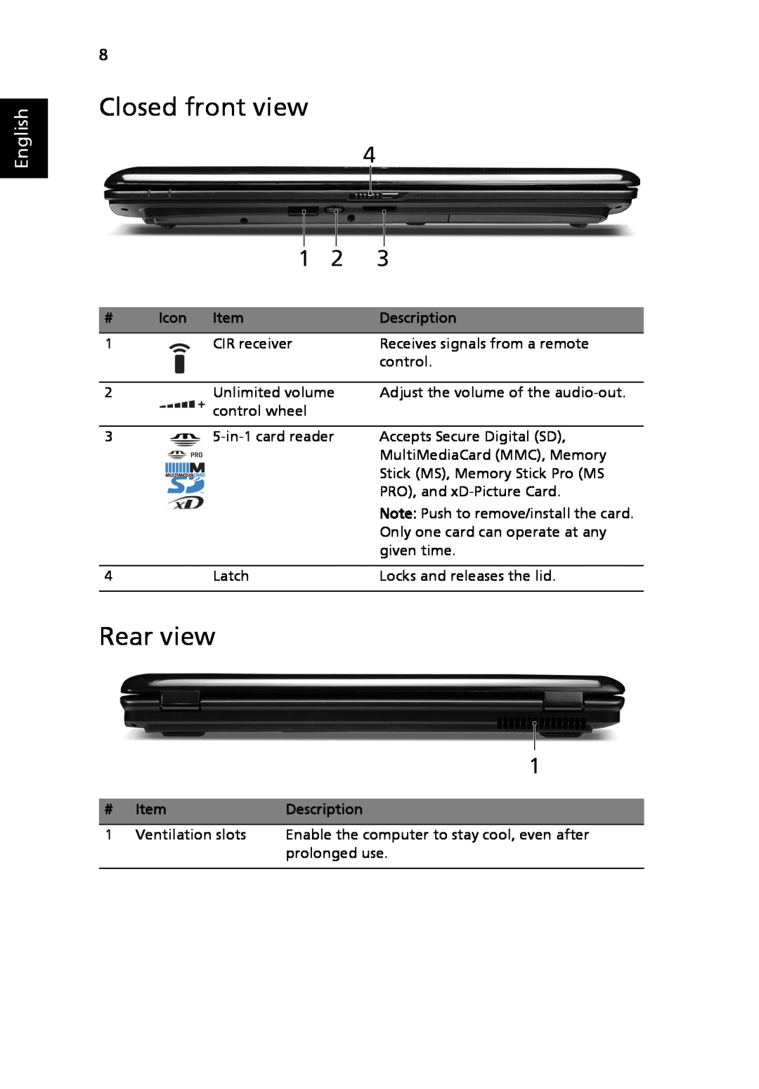 Acer 7730 Series manual Closed front view, Rear view, Icon, English, Description 
