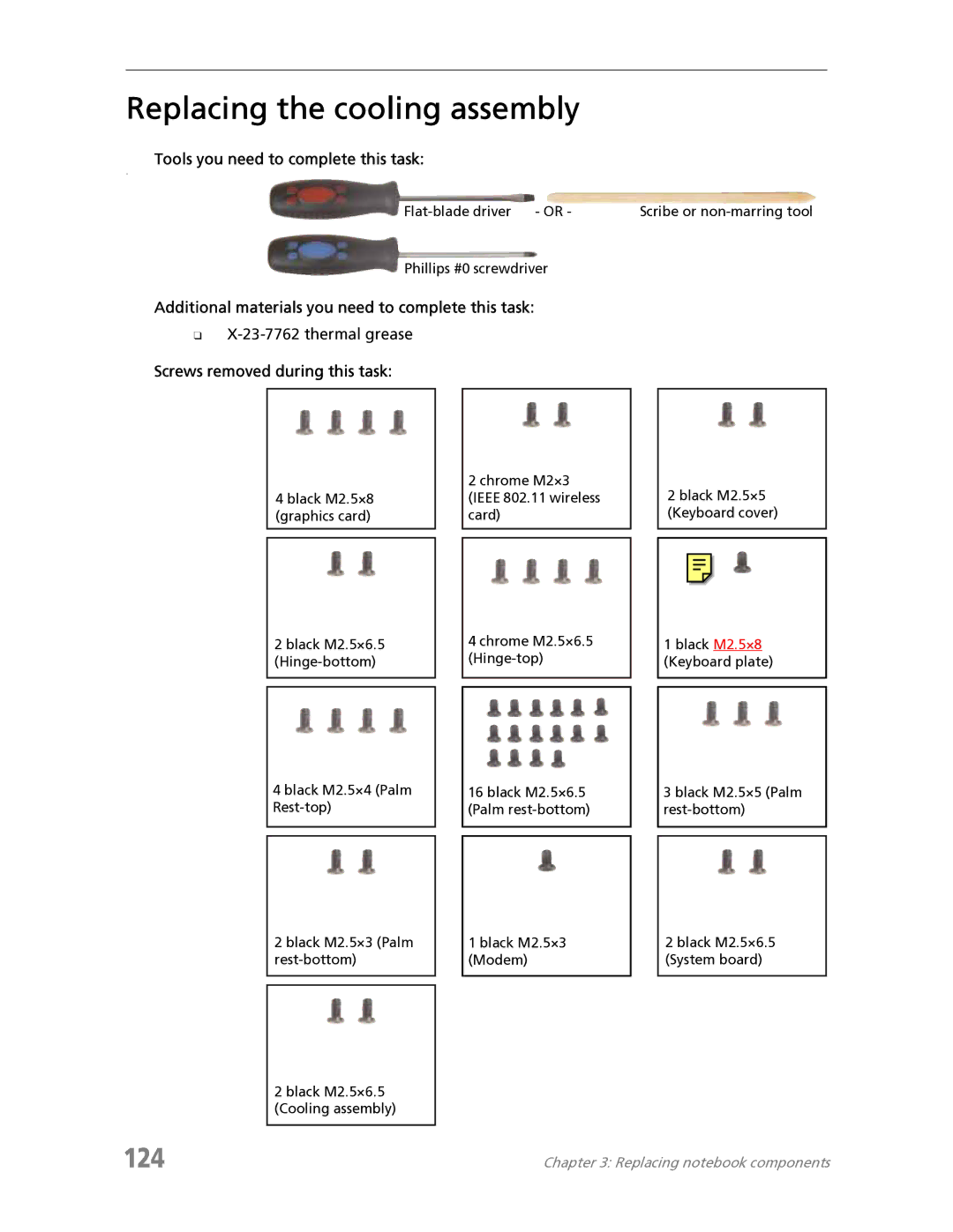 Acer 7730 manual Replacing the cooling assembly, 124 